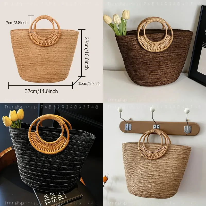 여성 여름 짠 종이 토트 백 대용량 솔리드 컬러 라운드 - Women'S Bags Handbags 리뷰 및 가격